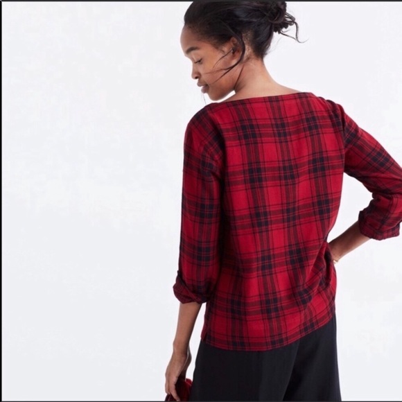 Madewell Top Herald Tee Curtis Small Plaid Cropped Boat Neck - Picture 2 of 7